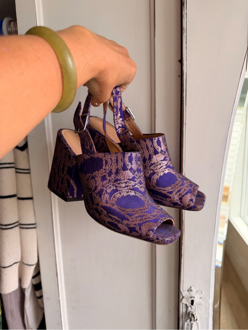 Dries Van Noten Purple and Gold Brocade Peep-Toe Block Heels